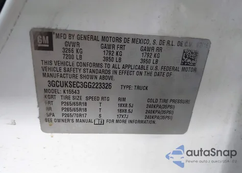 2016 Chevrolet Silverado 1500 2Lz z USA, uszkodzony, nr VIN 3GCUKSEC3GG223326